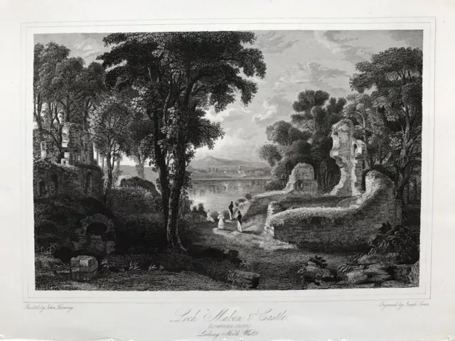 1836 Antique Print; Lochmaben and Castle, near Lockerbie after Fleming & Swan