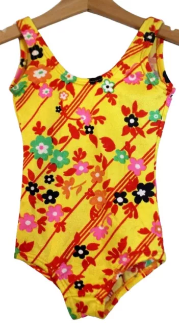 Vintage 1970's Girls Size 2 Yellow Red Black Green Floral Leotard or Swimmers