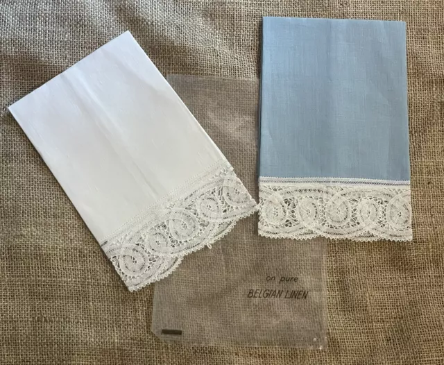 Two Belgian Linen Fingertip Towels w/ Renaisssnce Lace 16”x12” Ecru & Blue NEW