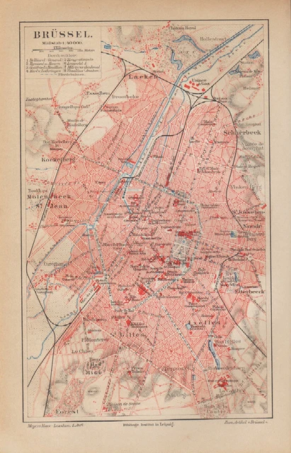 Landkarte city map 1886: Stadtplan BRÜSSEL, Massstab: 1 : 40.000