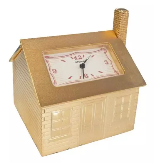 Miniature Clock Goldtone Plated House Design Solid Brass IMP1011