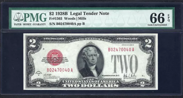 🇺🇸 "Key Note" 1928B $2  Fr-1503  ♚♚Red-Seal♚♚ Pmg Gem Unc 66 Epq  Very Rare!!