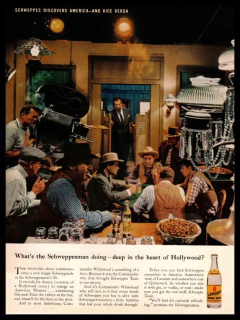 1961 Schweppes Quinine Gin & Tonic Water Soda Western Movie Set Vintage Print Ad