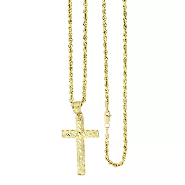 Mens Real 10K Yellow Gold Jesus Cross Charm Pendant Nugget & 2.5mm Rope Chain