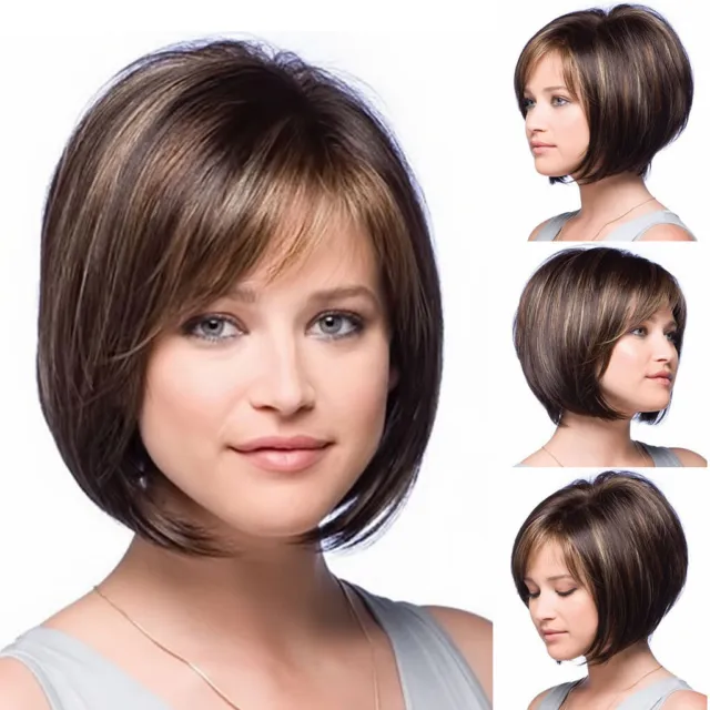 Brown Blonde BOB Hairstyles Women's Natural Straight 100% Human Hair Wig 8 Inch
