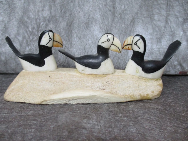 Nice Carve of Swimming Puffins. Alaska. Inuit Eskimo Sculpture. stone.