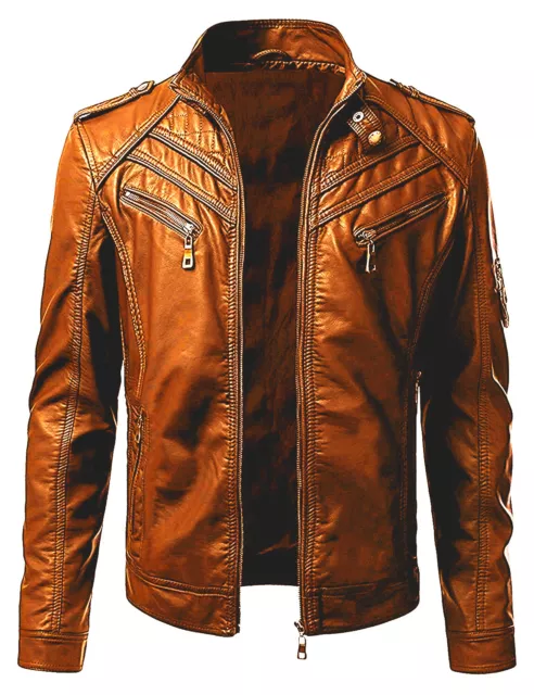 Giacca in pelle marrone chiaro da uomo Biker Cafe Racer vintage moto effetto invecchiato tutte le taglie