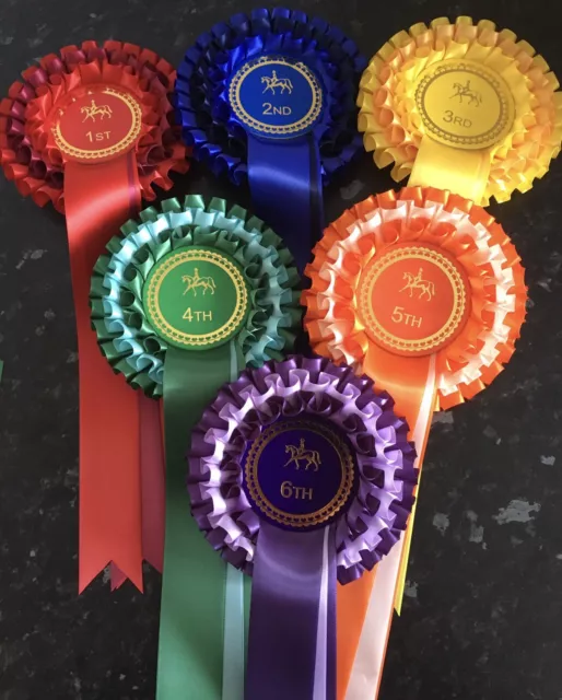 Set 1-6, 3Tier Horse Show Rosettes, Large 68mm Centres  Wide Tails