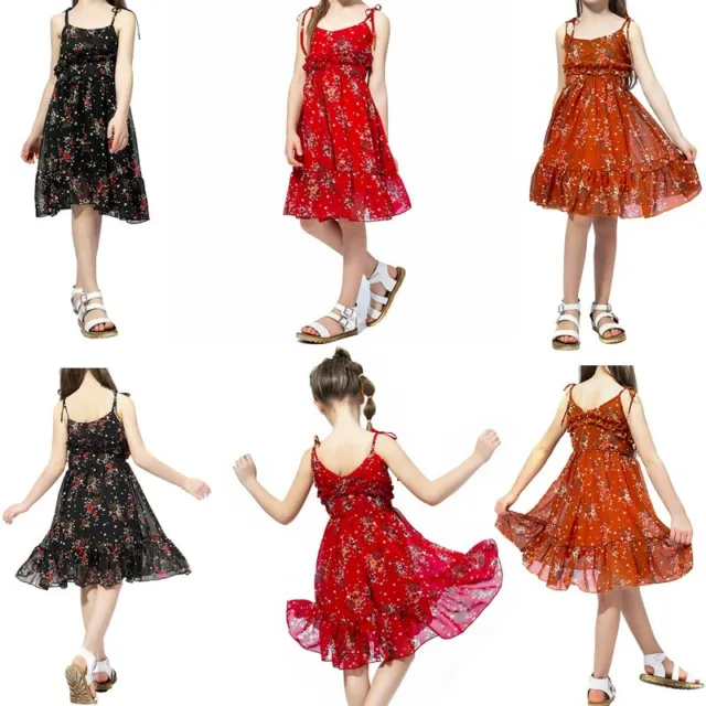 Girls Kids Summer Bohemian Sundress Floral Print Dress Holiday Beach Casual Wear