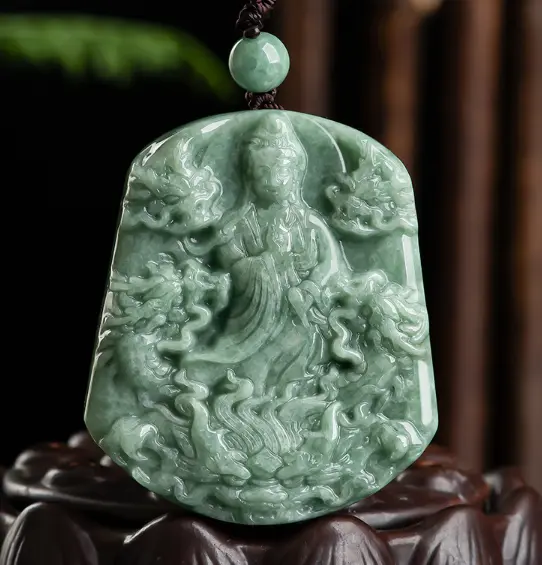 Jade Pendant Natural A. Jadeite Hand Engraving Dragon Avalokitesvara Statue Y87
