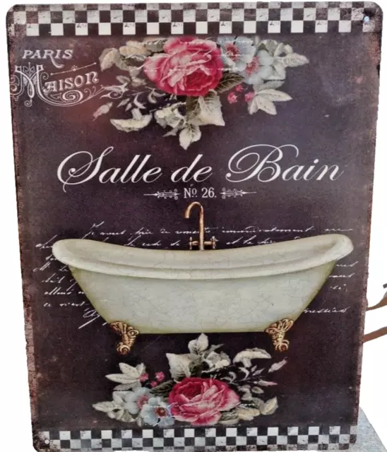 Shabby Blechschild Wand Bild Salle De Bain Alte Wanne Rosen Retro 33 x 25 cm NEU