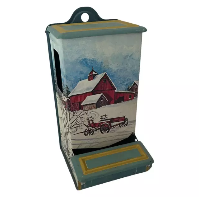 Vtg Match Holder Litho Winter Farm Scene Barn Wagon Metal Tin Box Jasco