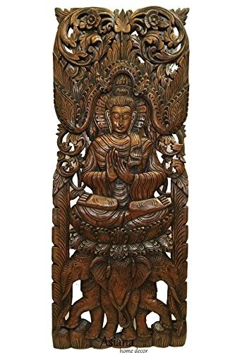 Buddha Large Wood Wall Art Carved Wood Wall Panel in Dark Brown Finish, Size