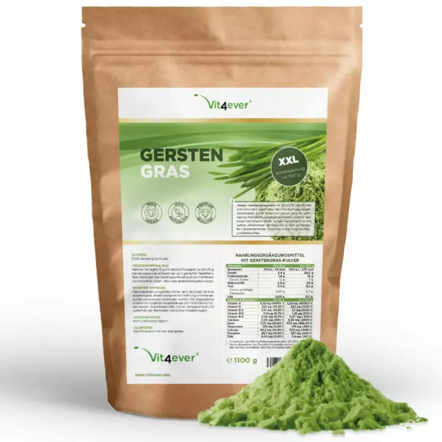 1,1kg / 1100 g GERSTENGRAS Pulver - Junges Gerstengras - Premium Qualität Vegan