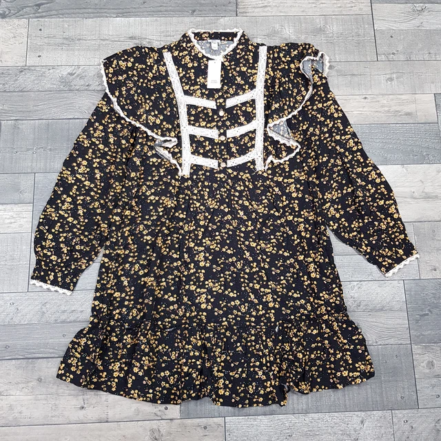 Mini abito da tè floreale River Island UK 10 nero giallo arricciacapelli pizzo popolare nuovo con etichette