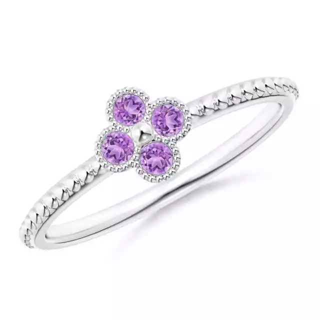 ANGARA 2mm Natural Amethyst Four Leaf Clover Ring with Beaded Shank in Silver