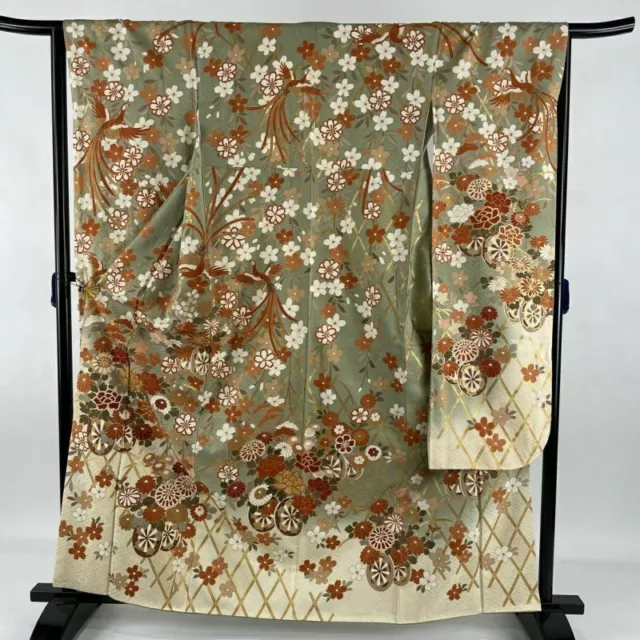 Woman Japanese Kimono Furisode Silk Flower Car Bird Sakura Foil Matcha Green