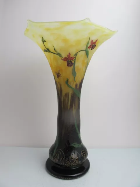 Antique DAUM NANCY Etched Enamel ORCHID & INSECT Vase 12.75" Tall Art Glass Vase