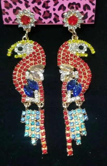 Betsey Johnson Red Crystal Rhinestone Parrot Bird Tassel Flower Dangle Earrings