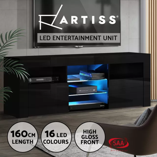 Artiss Entertainment Unit Stand TV Cabinet LED RGB 160cm Black High Glossy Bobi