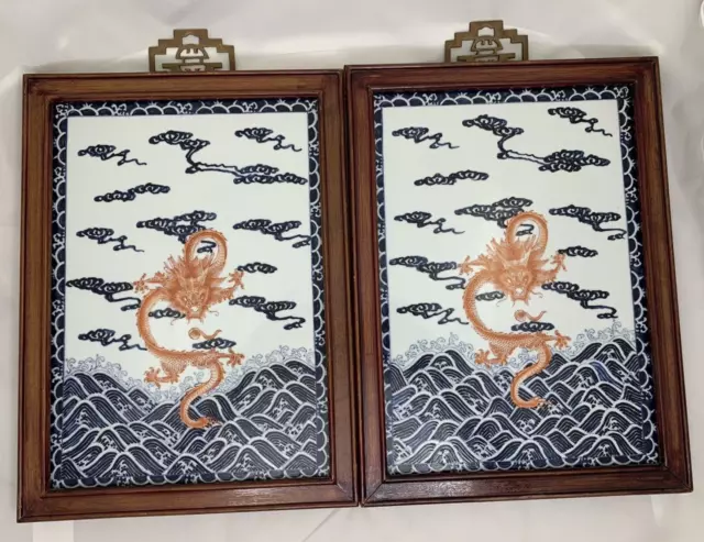 Chinese Dragon Porcelain Ceramic Tile Wall Plaques Picture Wood Frame Blue Red