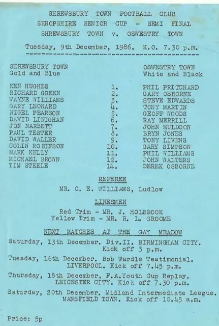 1986/87  SHREWSBURY TOWN v OSWESTRY TOWN   Shropshire Senior Cup Semi-Final