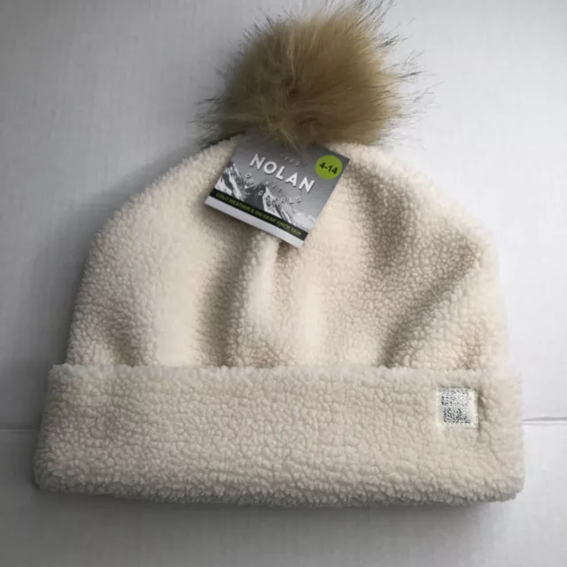 nolan NYC originals Girl’s 4-14 winter White Ivory hat Fuzzy Pom Pom Sherpa