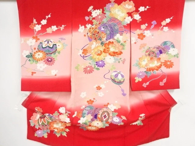 44711# Japanese Kimono / Antique Kimono For Girls / Drum With Peony & Kiku