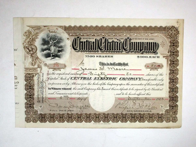 NJ. Central Electric Co., 1903. 50 Shrs i/C Capital Stock Cert., #215, Fine-VF