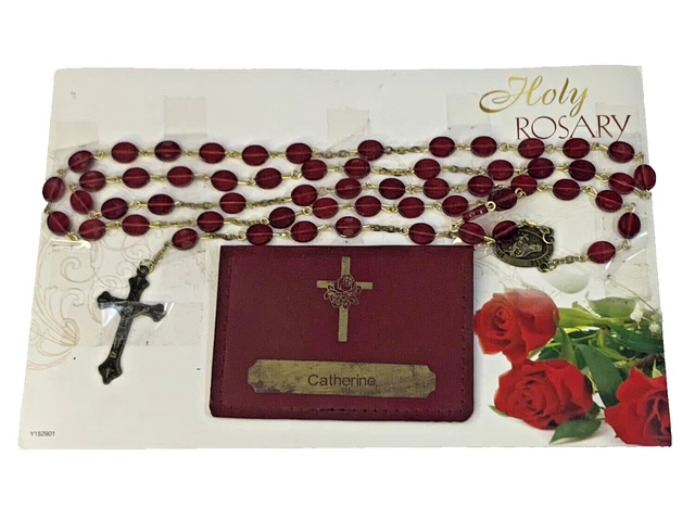 Vintage Holy Rosary Cross on Original Card- Personalized Catherine Red Beads
