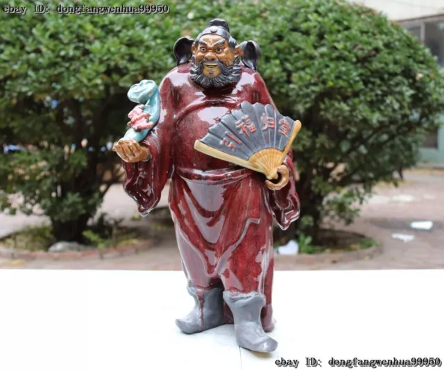 China WuCai Porcelain Pottery Feng Shui Evil Zhong Kui Hold Bat RuYi Fan Statue