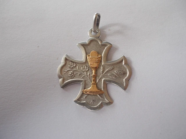 Ancien pendentif Médaille Communion baptême couleur Argent bijou vintage 278