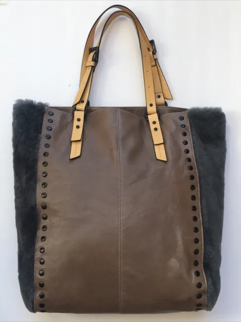Kelsi Dagger Large Shay Leather & Pile Tote Shoulder Bag Brown (15x17x5 in )B-69