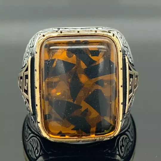 Men Handmade Silver Amber Stone Ring Sterling Silver Ring 3