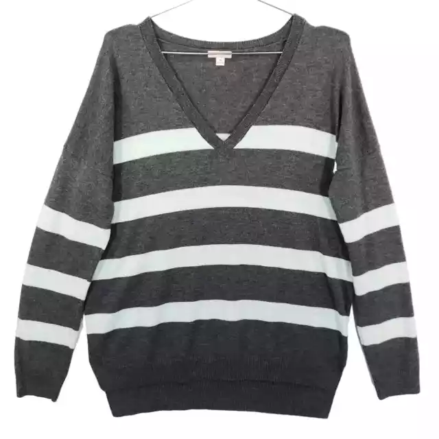 Gap Wool Blend Sweater Womens M Gray Blue Striped Long Sleeve V Neck Pullover