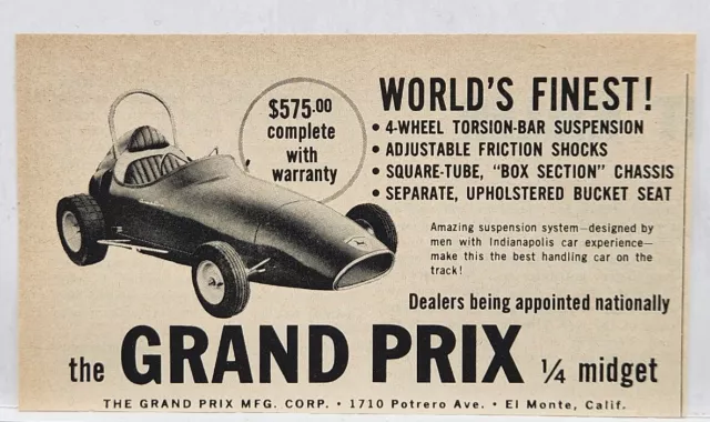 1958 The Grand Prix 1/4 Size Midget Track Car Vintage Print Ad El Monte CA