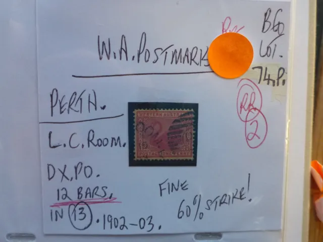 West Australia Perth Postmark On Swan Stamp L.c.room Dx Po 12 Bars In 13 1903