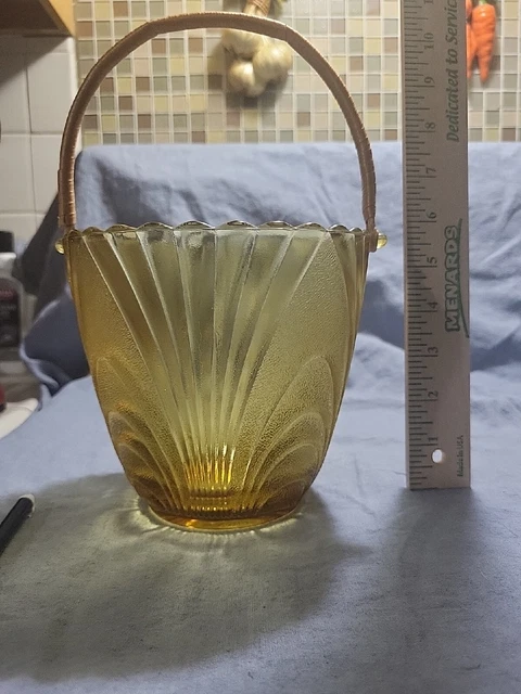 Brockway Retro Glass Amber 1970’s Village Ice Bucket Rattan Handle