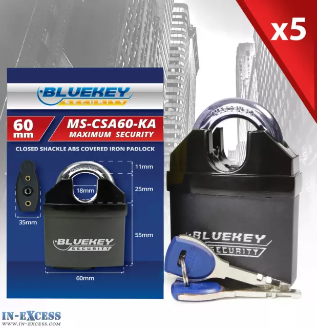 5x Bluekey Maximum Security Solid Iron Body Keyed Alike 60mm Padlocks - MS-CSA60