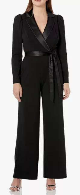NWT ADRIANNA PAPELL Long Sleeve Crepe Tuxedo Collar Black Jumpsuit Size ...
