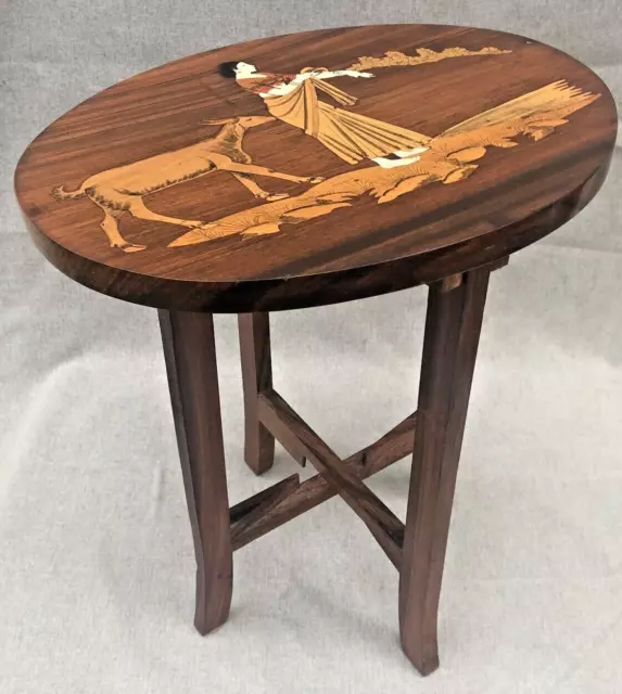 Vintage indian pedestal table Mid-1900's wood marquetry plant table