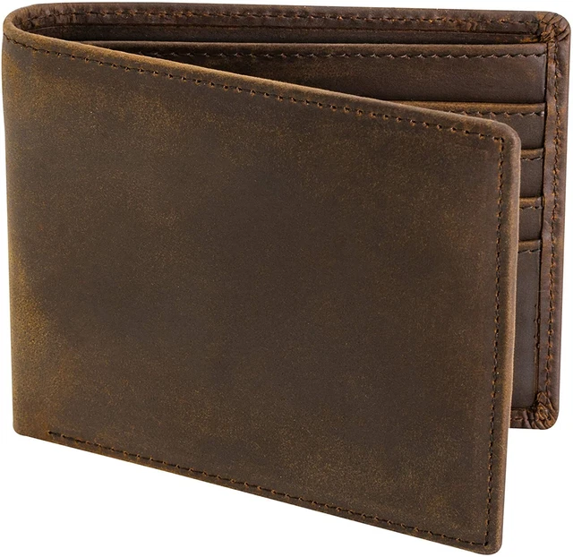 RFID Blocking Brown Vintage Top Grain Leather Men's Bifold Center Flap Wallet