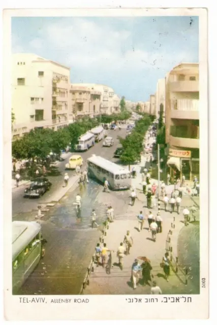 1955 PC: Scenic View of Crowded Allenby Road – Tel-Aviv, Israel – Shops & Buses