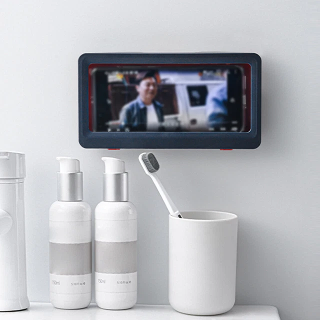 Soporte de teléfono con pantalla táctil impermeable para baño (azul)