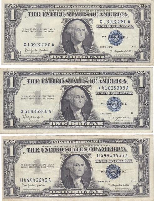 Series 1957B One Dollar Silver Certificate Lot Of (3)