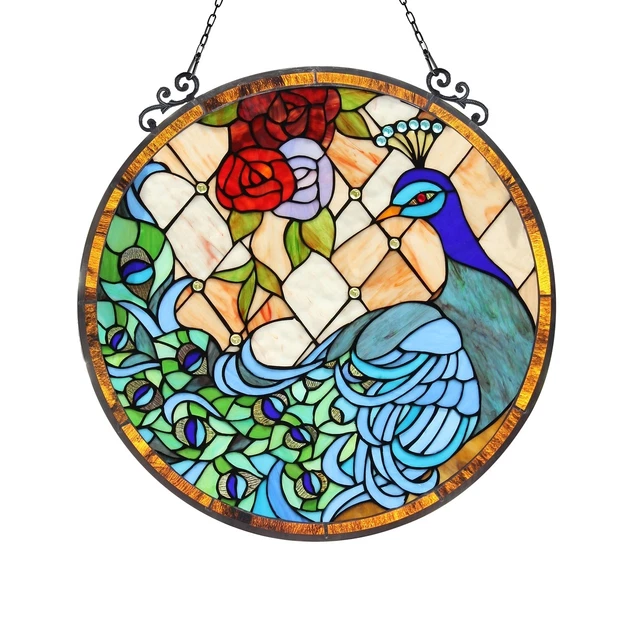 Stained Glass Peacock & Rose Round Window Panel Handcrafted Tiffany Style  24"