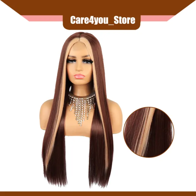 Item of 1 Lady 26" Lace Front Wigs Long Straight Hair Dark Brown Pink Hightlight