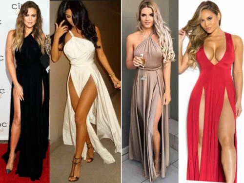UK Donna Abito da Festa Coscia Spacco Split Aderente Club a Zampa lungo Maxi