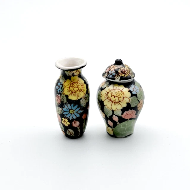 Hand-Painted Floral Ceramic Miniature Set: Vase & Jar
