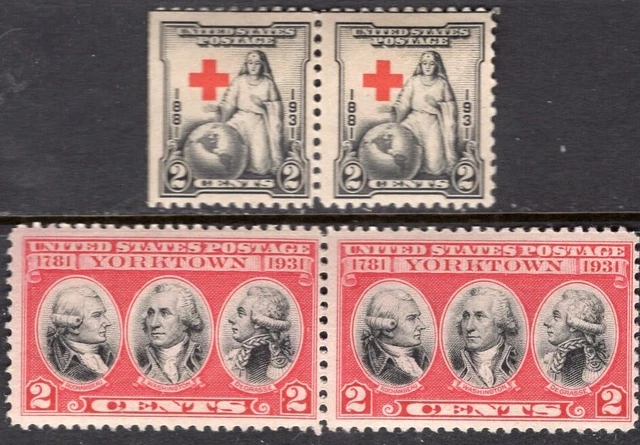 U.s., #702 & 703, (Pair) 2 Cent Red Cross & Yorktown, Mint No Hinge.